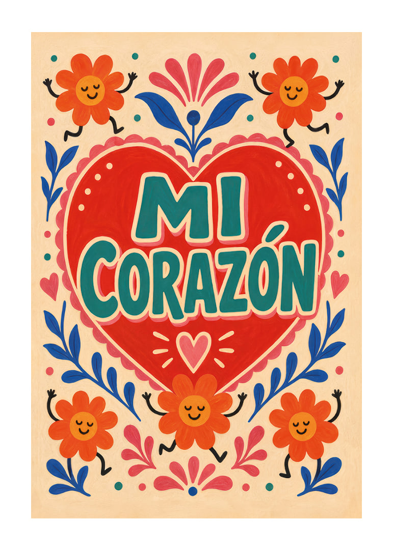 Punane süda looga "Mi Corazón", tantsivate lillede ja rõõmsa rahvaliku romantikaga.-12