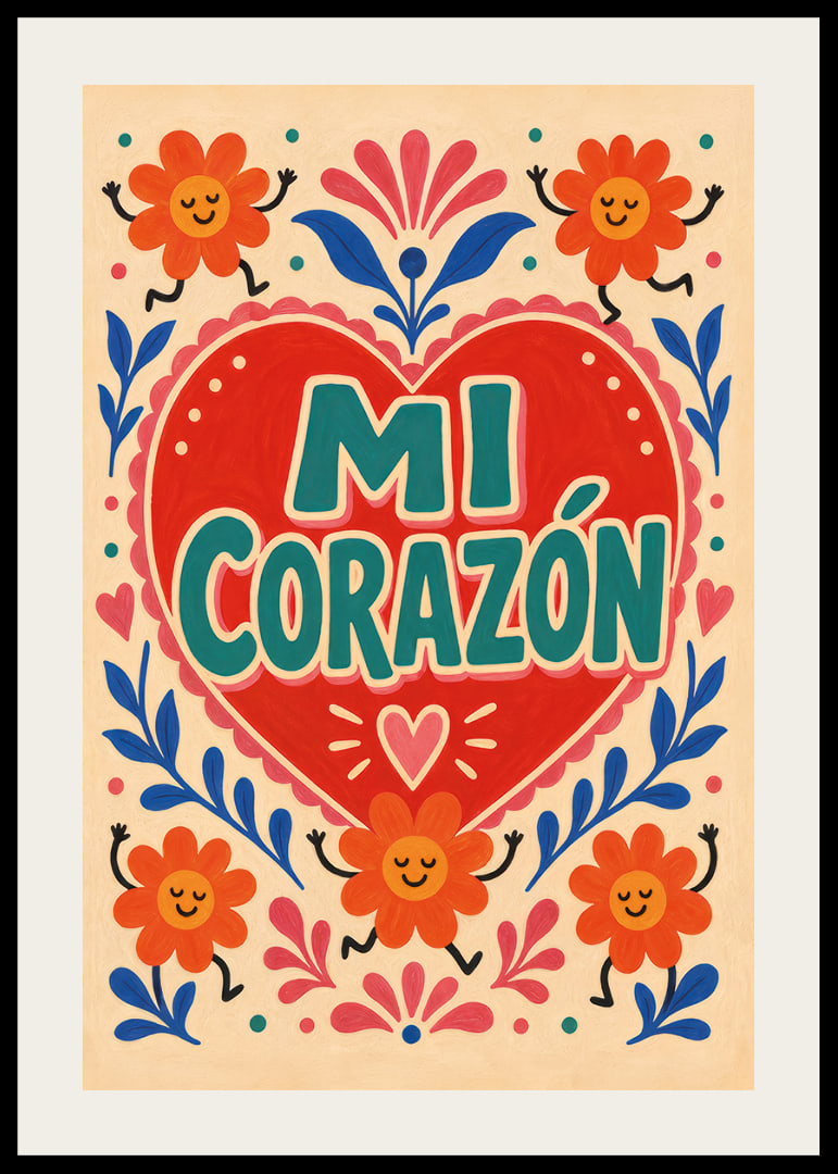 Punane süda looga "Mi Corazón", tantsivate lillede ja rõõmsa rahvaliku romantikaga.-12