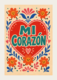 Punane süda looga "Mi Corazón", tantsivate lillede ja rõõmsa rahvaliku romantikaga.-3