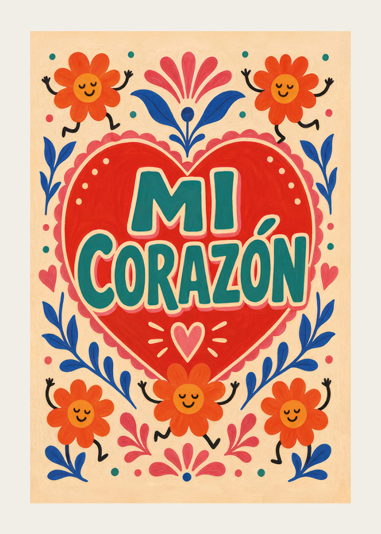 Punane süda looga "Mi Corazón", tantsivate lillede ja rõõmsa rahvaliku romantikaga.-12