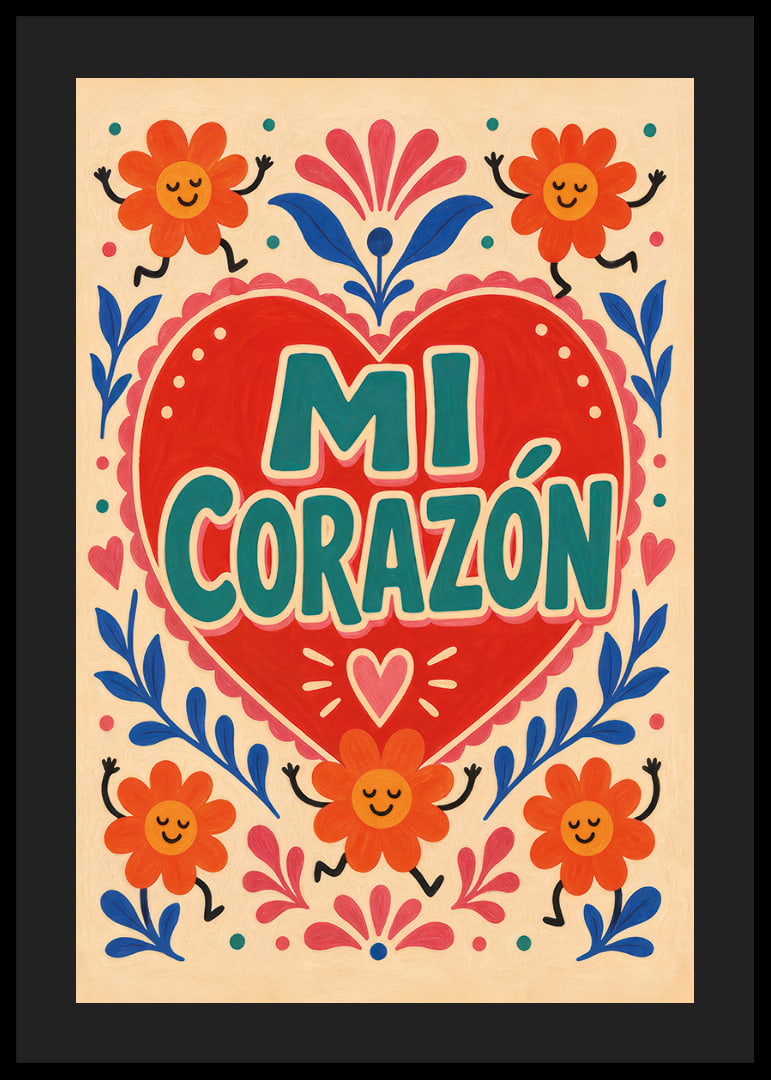 Punane süda looga "Mi Corazón", tantsivate lillede ja rõõmsa rahvaliku romantikaga.-12