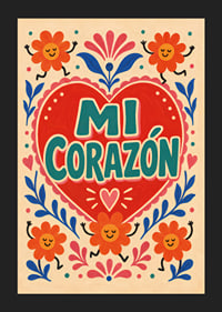 Punane süda looga "Mi Corazón", tantsivate lillede ja rõõmsa rahvaliku romantikaga.-5