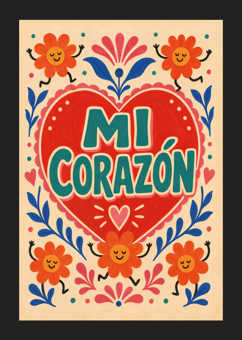 Punane süda looga "Mi Corazón", tantsivate lillede ja rõõmsa rahvaliku romantikaga.-12