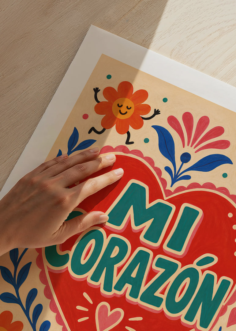 Punane süda looga "Mi Corazón", tantsivate lillede ja rõõmsa rahvaliku romantikaga.-12
