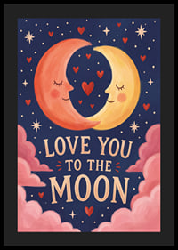 Twee verliefde manen ontmoeten elkaar te midden van harten en sterren in een diepblauwe hemel.-4