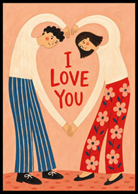 Speelse illustratie van een stel dat een hart vormt rond een liefdevolle groet.-6