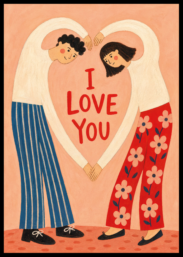 Speelse illustratie van een stel dat een hart vormt rond een liefdevolle groet.-12