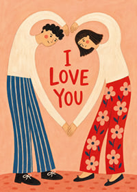 Speelse illustratie van een stel dat een hart vormt rond een liefdevolle groet.-7