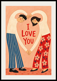 Speelse illustratie van een stel dat een hart vormt rond een liefdevolle groet.-2