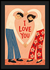 Speelse illustratie van een stel dat een hart vormt rond een liefdevolle groet.-4