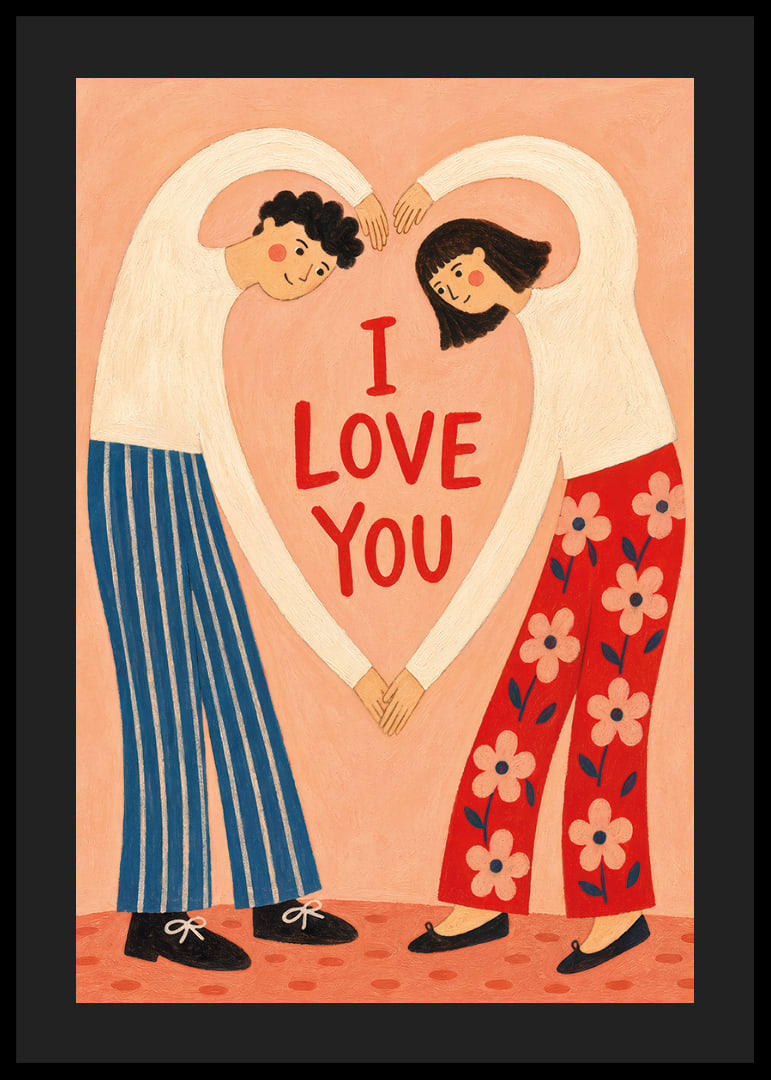 Speelse illustratie van een stel dat een hart vormt rond een liefdevolle groet.-12