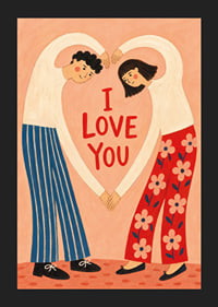 Speelse illustratie van een stel dat een hart vormt rond een liefdevolle groet.-5