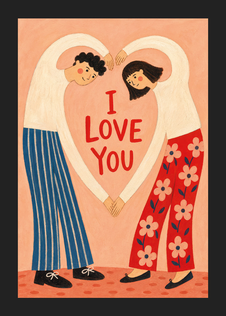 Speelse illustratie van een stel dat een hart vormt rond een liefdevolle groet.-12