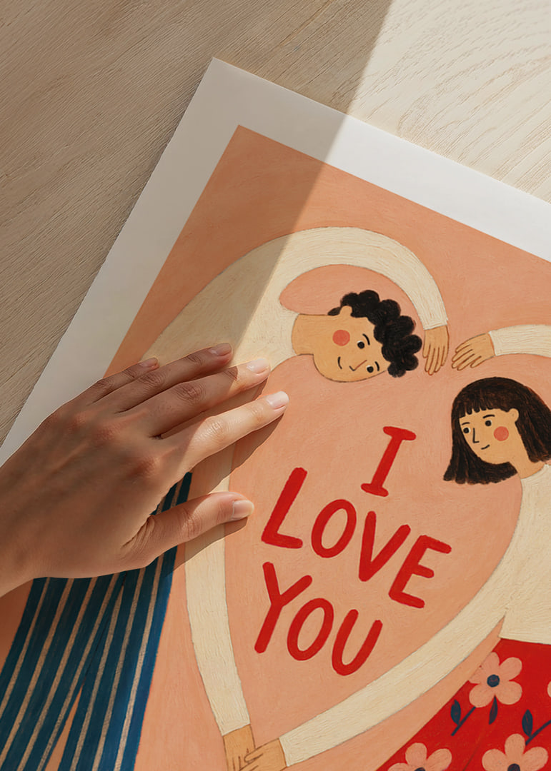 Speelse illustratie van een stel dat een hart vormt rond een liefdevolle groet.-12