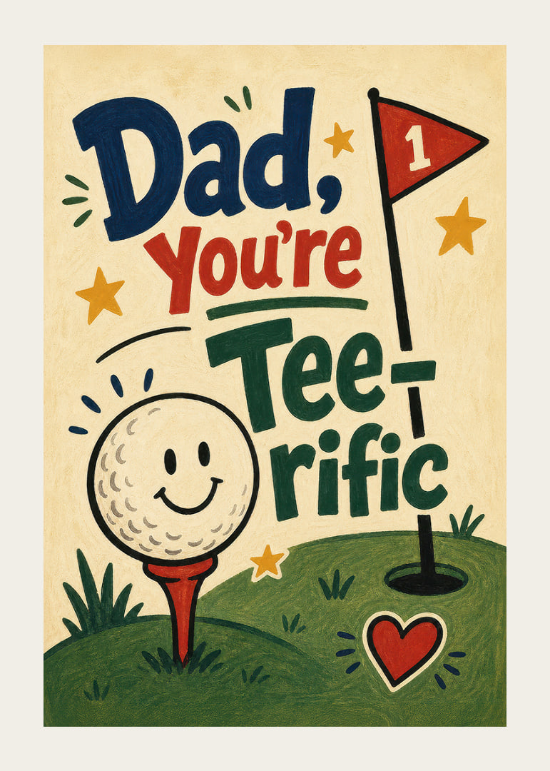 Rotaļīgs golfa plakāts, kas ar krāsu, siltumu un platu smaidu godina tēti.-12