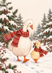 Un ganso y un patito con bufandas rojas caminan por un bosque nevado.-7