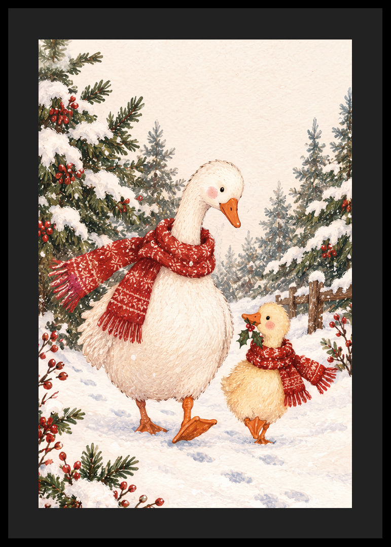 Un ganso y un patito con bufandas rojas caminan por un bosque nevado.-12