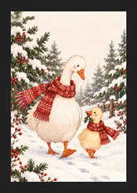 Un ganso y un patito con bufandas rojas caminan por un bosque nevado.-5
