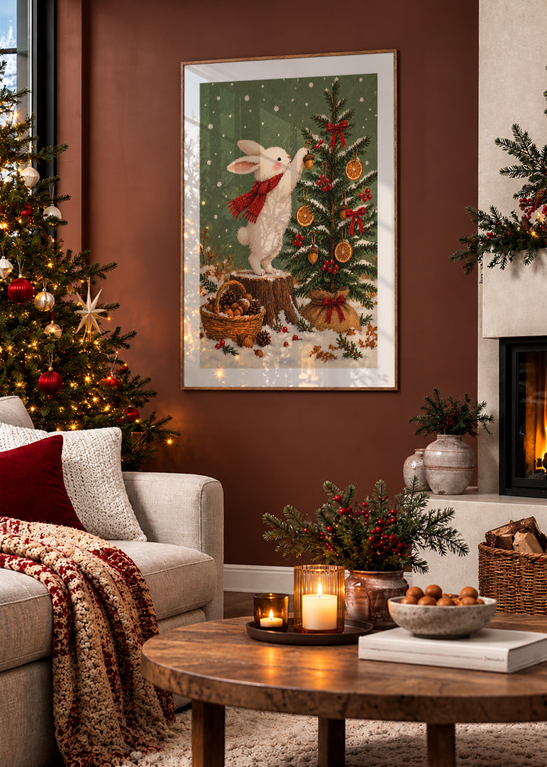 Un simpático conejito decora el árbol de Navidad en un paisaje de bosque nevado con un cálido ambiente navideño.-12