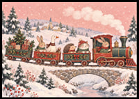 Un tren navideño con forma de animales recorre un paisaje invernal cubierto de nieve con regalos de Navidad.-6