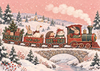 Un tren navideño con forma de animales recorre un paisaje invernal cubierto de nieve con regalos de Navidad.-7