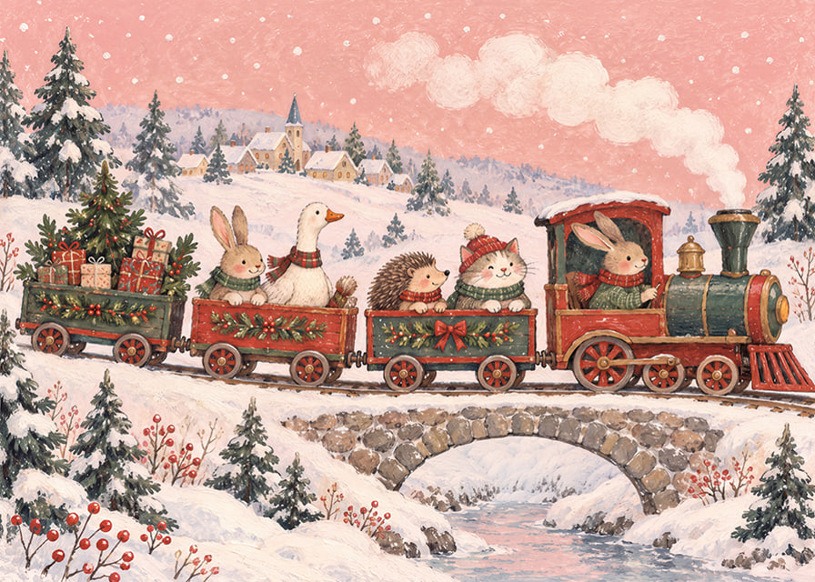 Un tren navideño con forma de animales recorre un paisaje invernal cubierto de nieve con regalos de Navidad.-12