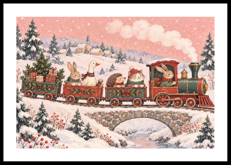 Un tren navideño con forma de animales recorre un paisaje invernal cubierto de nieve con regalos de Navidad.-12