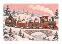 Un tren navideño con forma de animales recorre un paisaje invernal cubierto de nieve con regalos de Navidad.-1