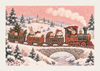 Un tren navideño con forma de animales recorre un paisaje invernal cubierto de nieve con regalos de Navidad.-3