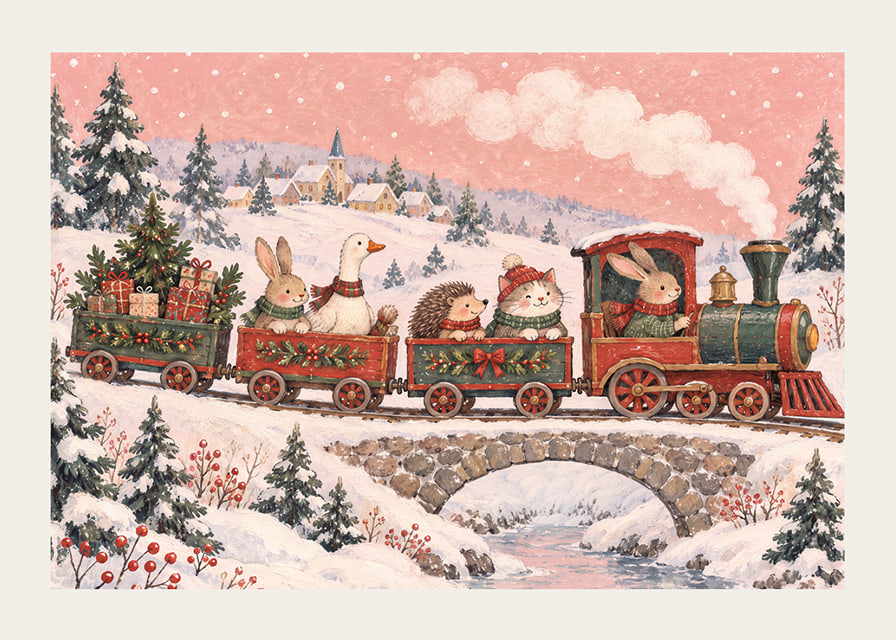 Un tren navideño con forma de animales recorre un paisaje invernal cubierto de nieve con regalos de Navidad.-12