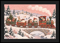 Un tren navideño con forma de animales recorre un paisaje invernal cubierto de nieve con regalos de Navidad.-4