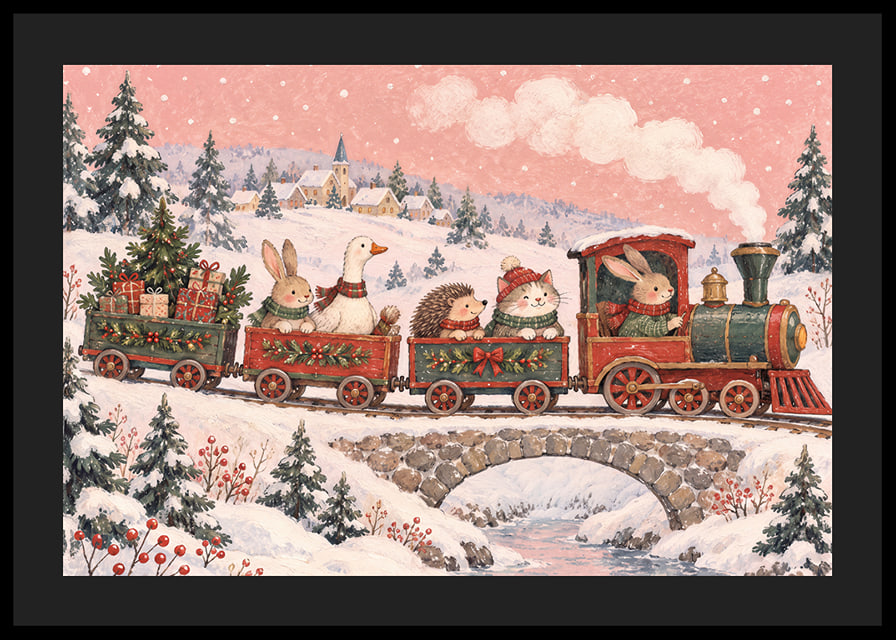 Un tren navideño con forma de animales recorre un paisaje invernal cubierto de nieve con regalos de Navidad.-12