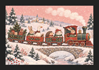 Un tren navideño con forma de animales recorre un paisaje invernal cubierto de nieve con regalos de Navidad.-5