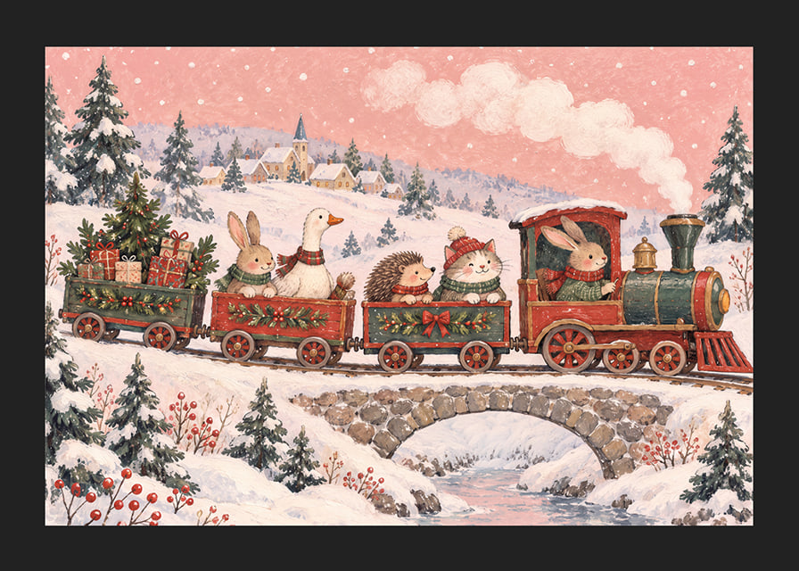 Un tren navideño con forma de animales recorre un paisaje invernal cubierto de nieve con regalos de Navidad.-12
