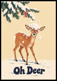 Divertida ilustración invernal de un ciervo bajo ramas cubiertas de nieve.-6