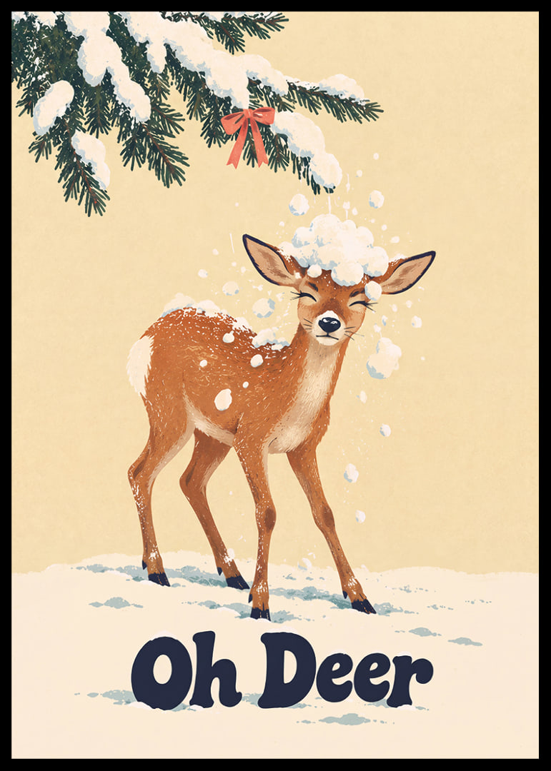 Divertida ilustración invernal de un ciervo bajo ramas cubiertas de nieve.-12