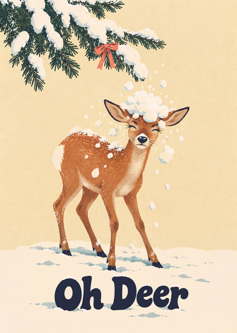 Divertida ilustración invernal de un ciervo bajo ramas cubiertas de nieve.-12