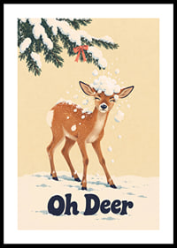 Divertida ilustración invernal de un ciervo bajo ramas cubiertas de nieve.-0