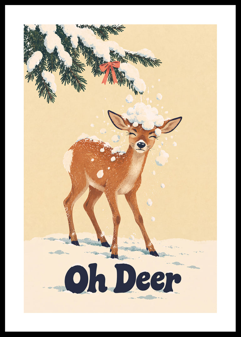 Divertida ilustración invernal de un ciervo bajo ramas cubiertas de nieve.-12