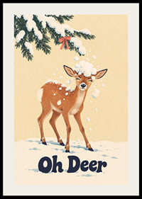 Divertida ilustración invernal de un ciervo bajo ramas cubiertas de nieve.-2