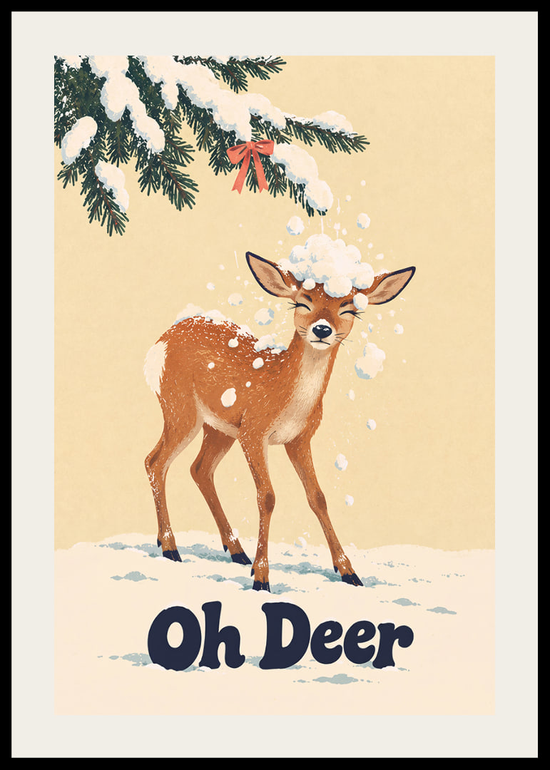 Divertida ilustración invernal de un ciervo bajo ramas cubiertas de nieve.-12