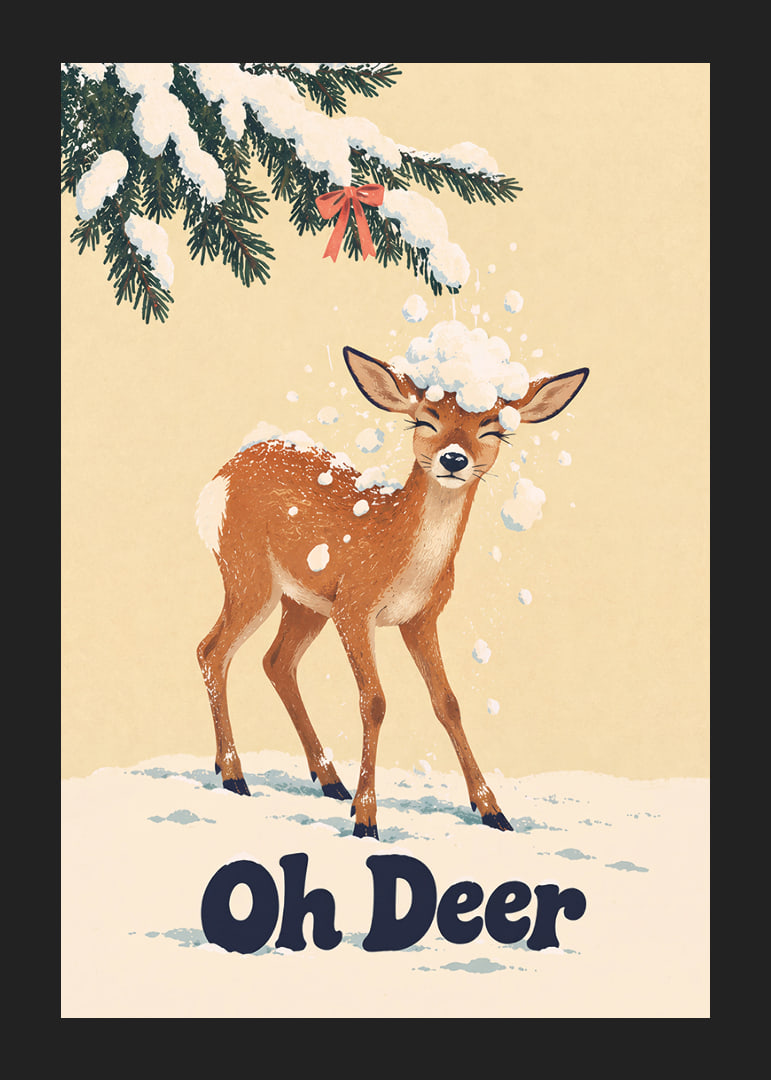 Divertida ilustración invernal de un ciervo bajo ramas cubiertas de nieve.-12