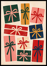 Los coloridos paquetes de regalo con lazos dibujados a mano crean un ambiente navideño cálido y divertido.-0