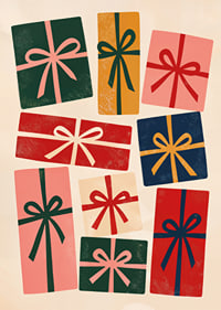 Los coloridos paquetes de regalo con lazos dibujados a mano crean un ambiente navideño cálido y divertido.-1
