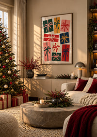 Los coloridos paquetes de regalo con lazos dibujados a mano crean un ambiente navideño cálido y divertido.-2