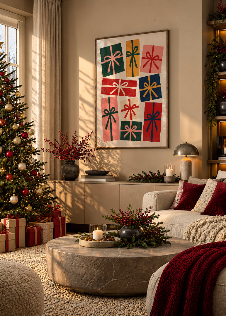 Los coloridos paquetes de regalo con lazos dibujados a mano crean un ambiente navideño cálido y divertido.-12