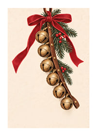 A piros masnival és fenyőágakkal díszített arany harangok meleg karácsonyi hangulatot teremtenek.-1
