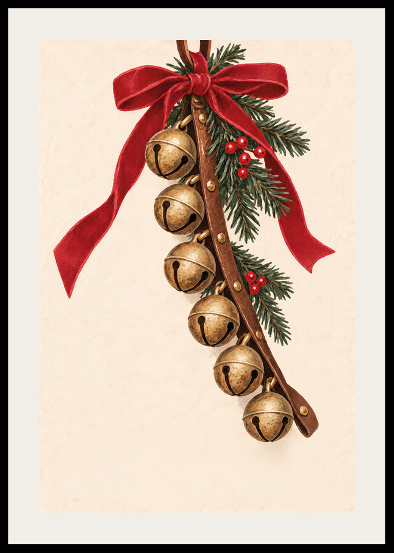 A piros masnival és fenyőágakkal díszített arany harangok meleg karácsonyi hangulatot teremtenek.-12