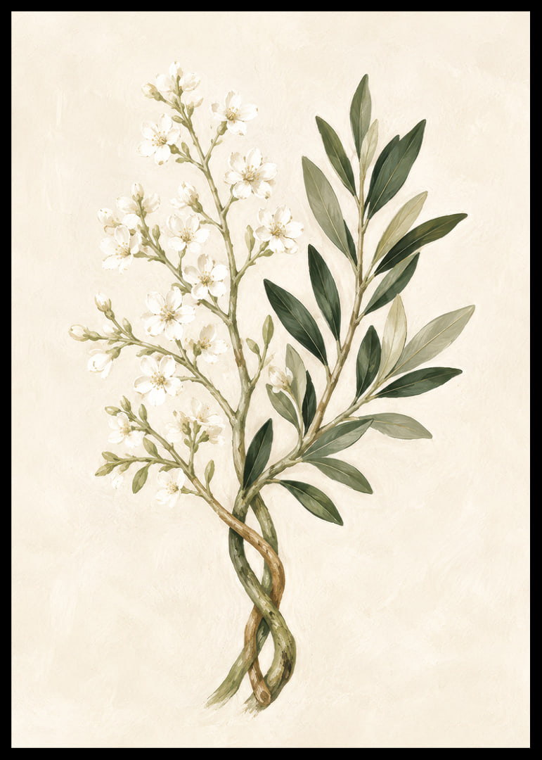 Des fleurs d'un blanc transparent et des feuilles vert olive dans une aquarelle botanique apaisante.-12