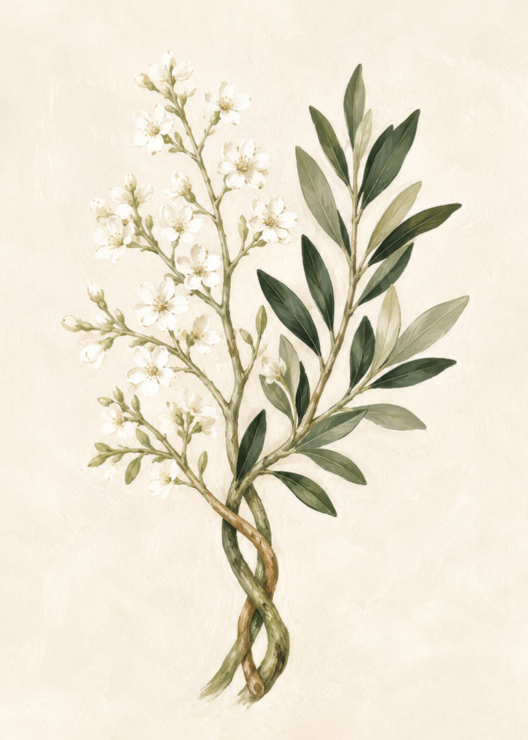 Des fleurs d'un blanc transparent et des feuilles vert olive dans une aquarelle botanique apaisante.-12